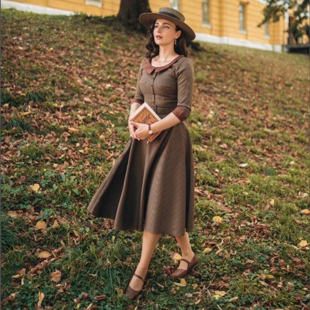 NWOT Adeline 1950s A-line Vintage Inspired Dress in Brown Houndstooth